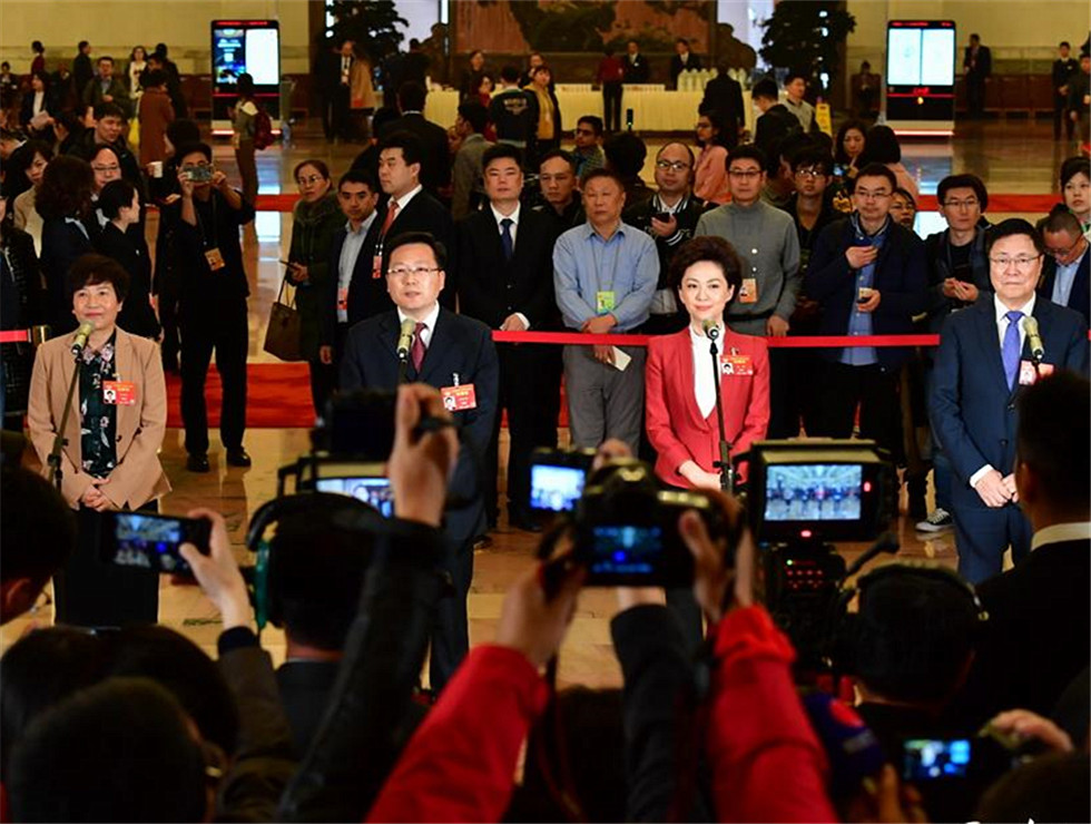 全國政協委員接受記者采訪。