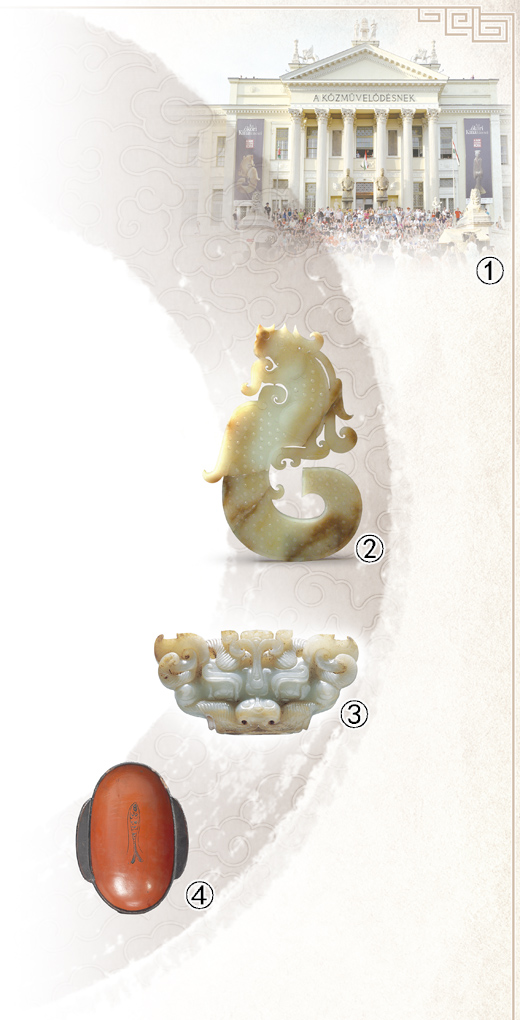 　圖①：展覽開幕日的莫拉·弗朗茨博物館。 　　圖②：西漢龍形玉佩，徐州博物館藏。 　　圖③：西漢虎頭形玉枕飾，徐州博物館藏。 　　圖④：西漢彩繪魚紋漆耳杯，上海博物館藏。 　　以上圖片均由上海博物館提供