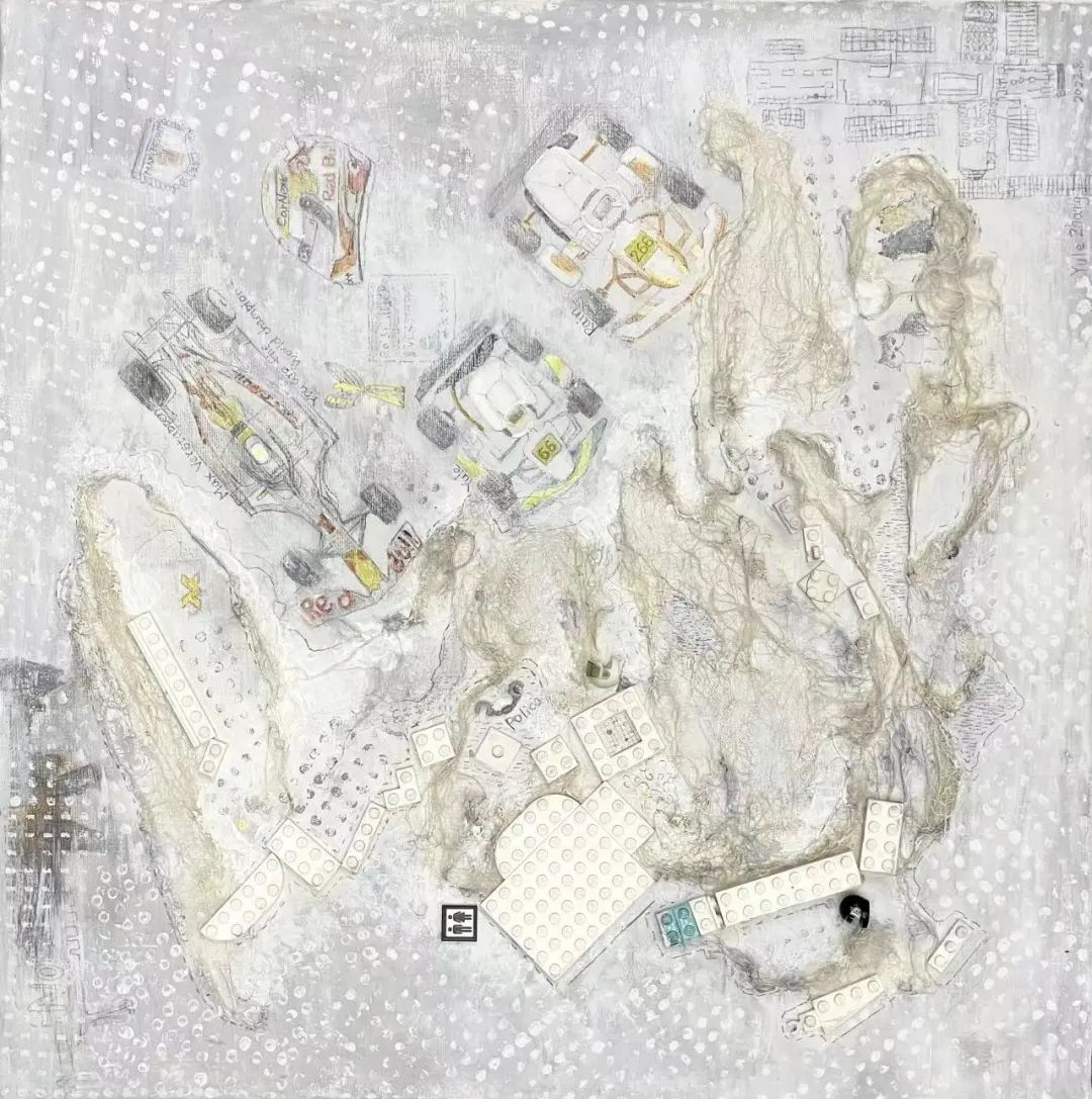 《我的世界》  作者：張容有 尺寸：50x50cm 材料：丙烯、色粉筆、綜合材料 創作年齡：9歲    最具藝術獎