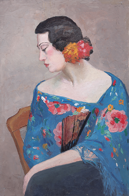 戴花執扇的女人(布面油畫) 潘玉良