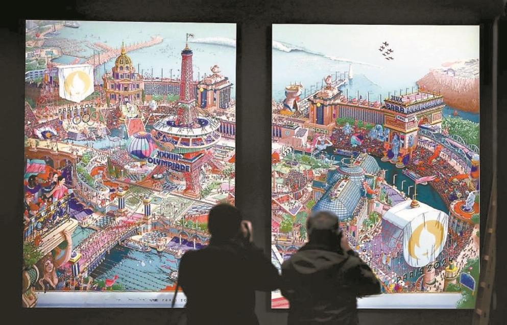 巴黎奧運會主視覺海報由藝術家烏戈·加托尼耗時2000小時手繪完成，繪有巴黎地標、47個運動項目和數以萬計的人物，被譽為法國的“塞納上河圖”（本版圖片均由作者提供）